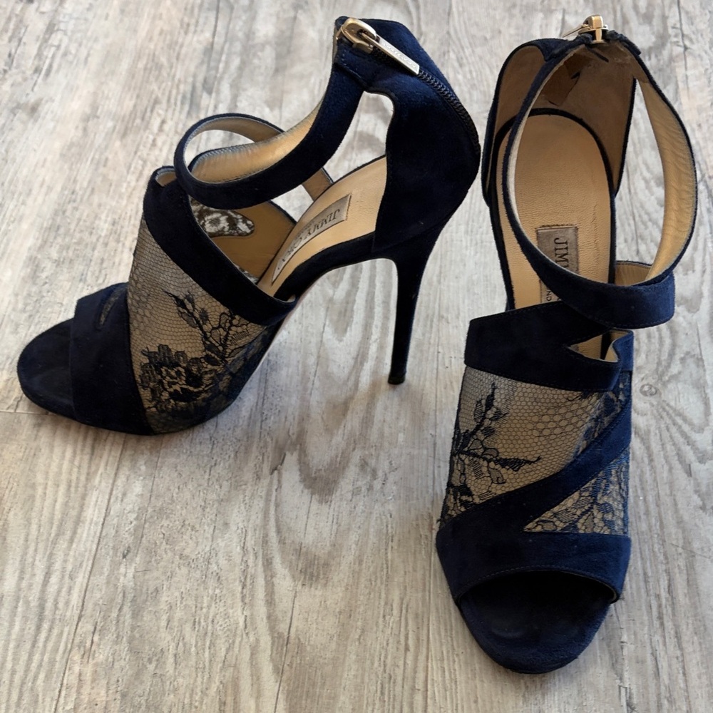 Jimmy Choo Navy Suede and Navy Lace Stiletto Sandals
